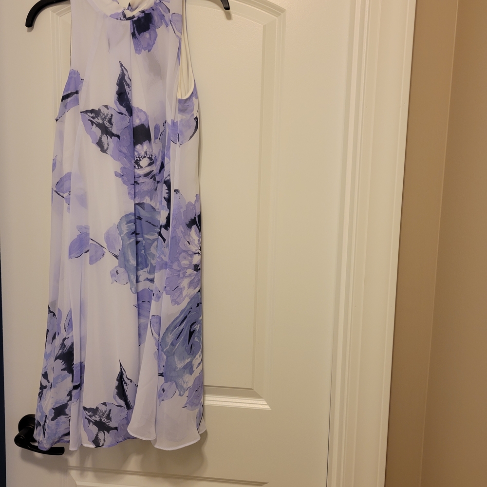 Robbie Bee Ivory and Purple Floral Mock Neck Sleeveless A-line Dress